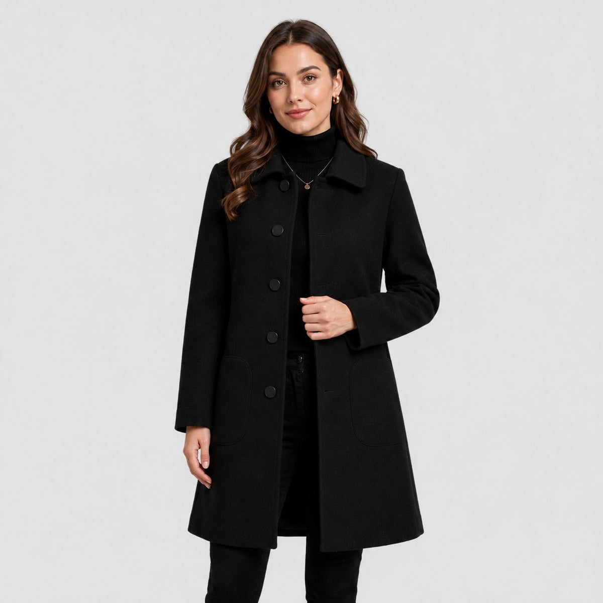Longline Tailored Wool Coat for Women - Black