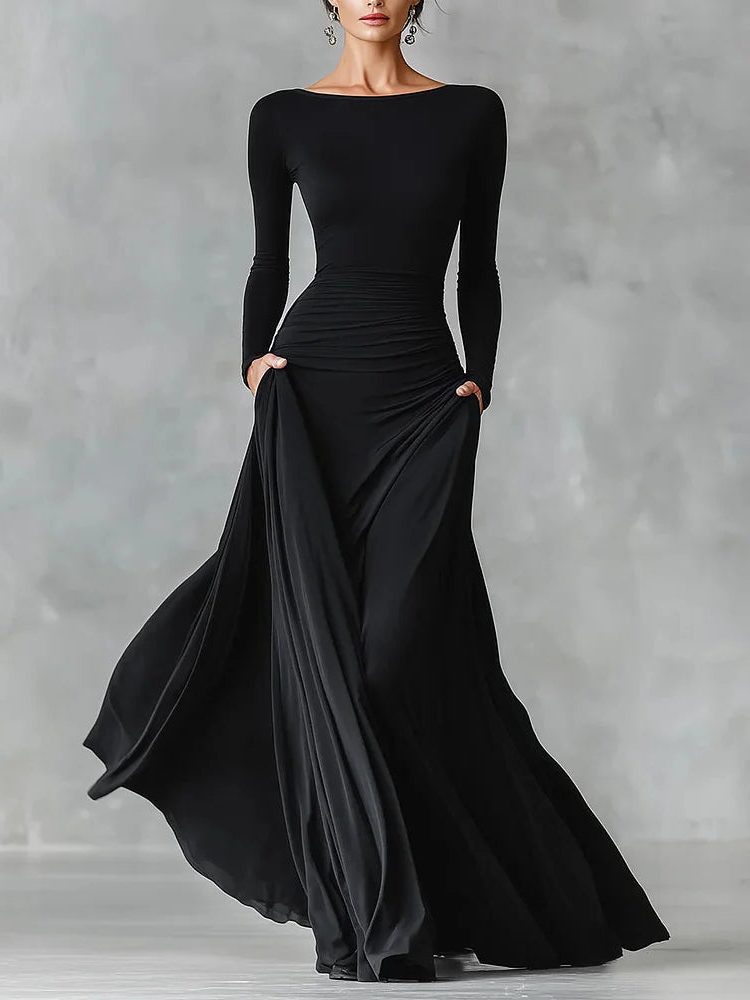 Maxi Dress with Pleated Waist and Long Sleeves for Women