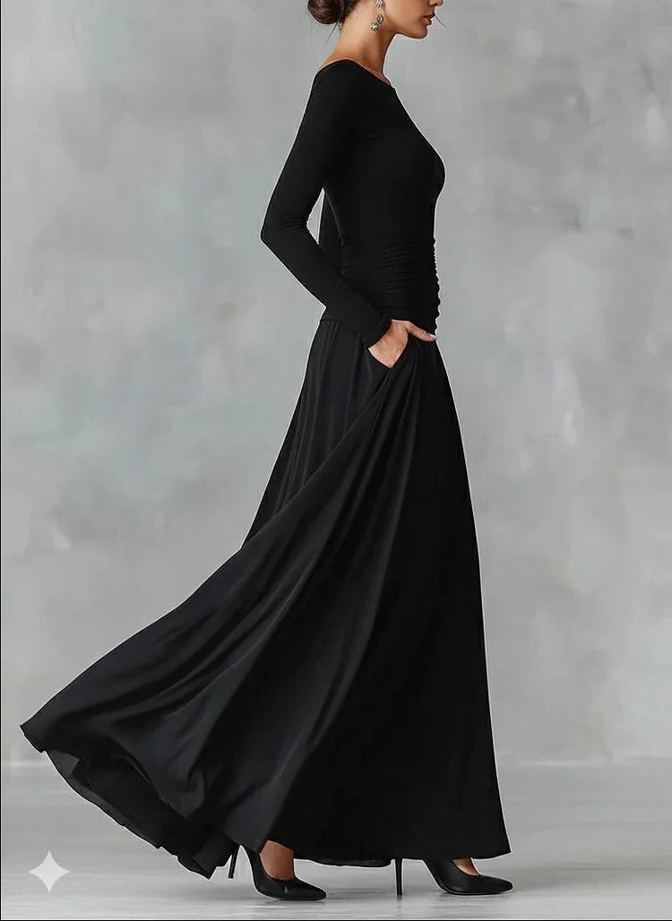 Maxi Dress with Pleated Waist and Long Sleeves for Women - View 3