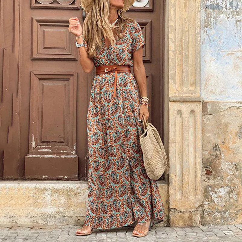 Maxi Ibiza Dress with Short Sleeves and Belted Waist for Women