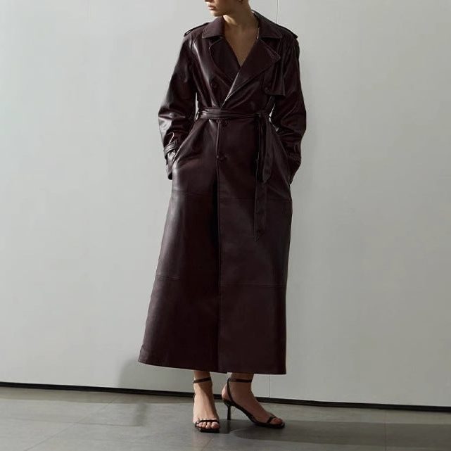 Maxi Leather Trench Coat for Women - Dark Red