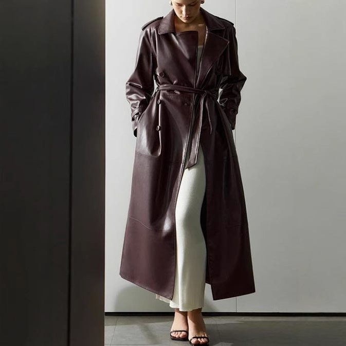 Maxi Leather Trench Coat for Women - View 3