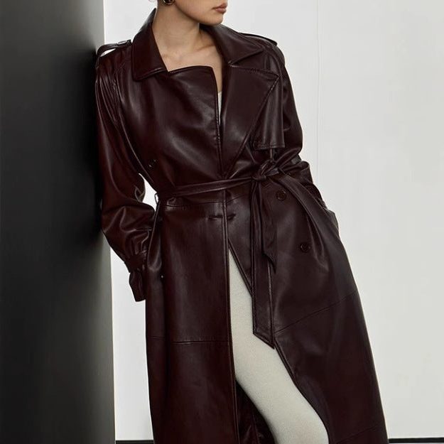 Maxi Leather Trench Coat for Women - View 4