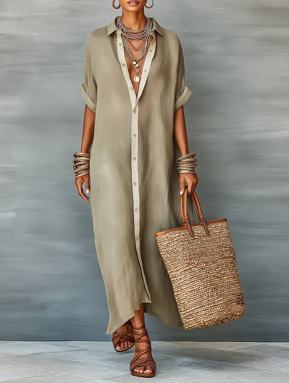 Maxi Linen Shirt Dress with Short Sleeves for Women