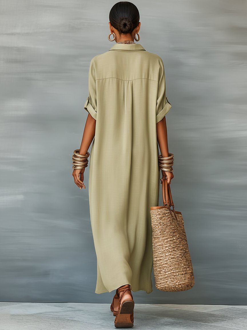 Maxi Linen Shirt Dress with Short Sleeves for Women
