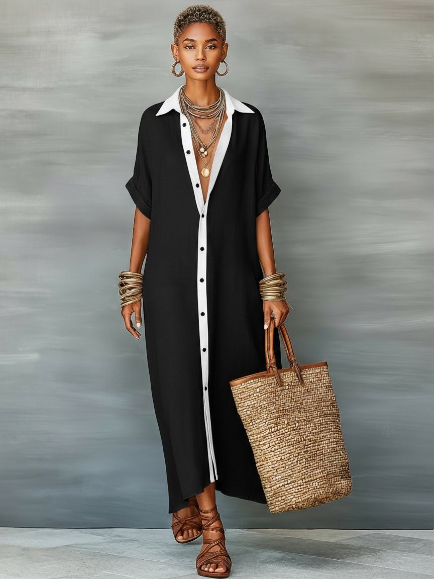 Maxi Linen Shirt Dress with Short Sleeves for Women - Black