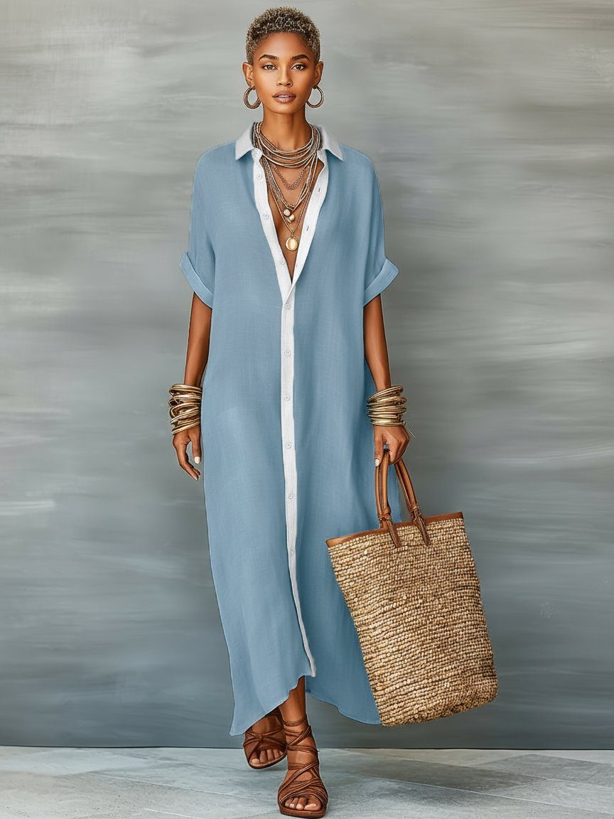 Maxi Linen Shirt Dress with Short Sleeves for Women - Blue