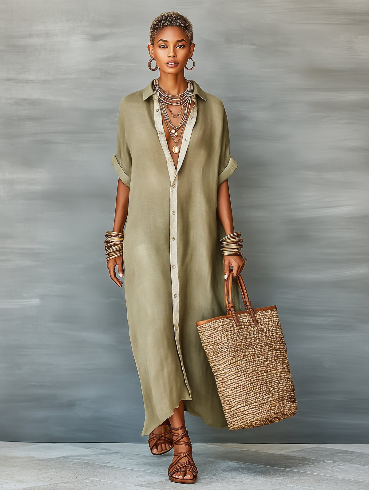Maxi Linen Shirt Dress with Short Sleeves for Women - View 5
