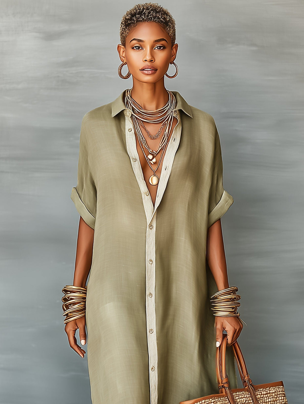 Maxi Linen Shirt Dress with Short Sleeves for Women - View 6