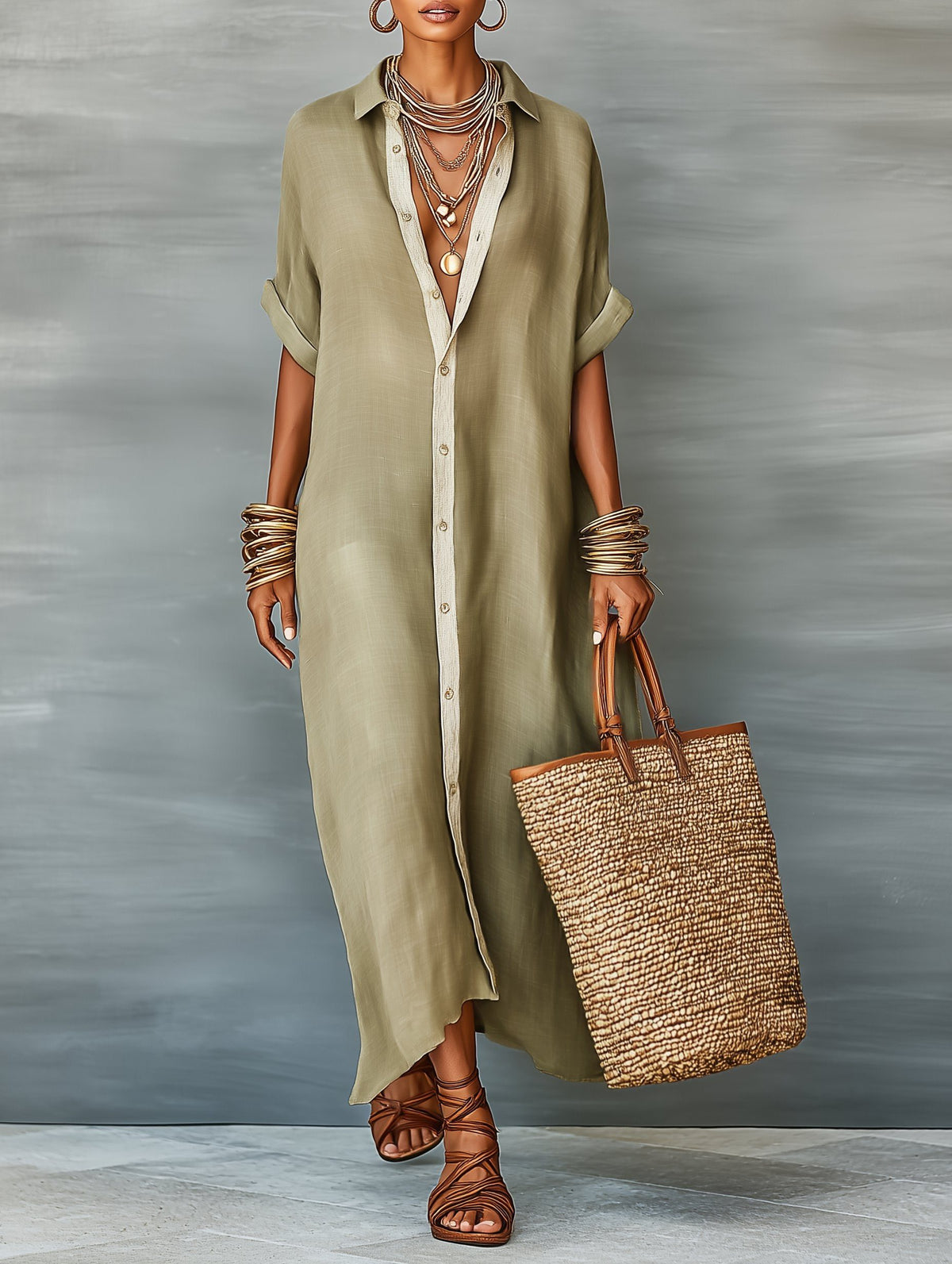 Maxi Linen Shirt Dress with Short Sleeves for Women - View 8