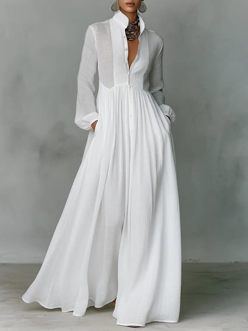 Maxi Shirt Dress with Stand Collar and Linen Blend for Women