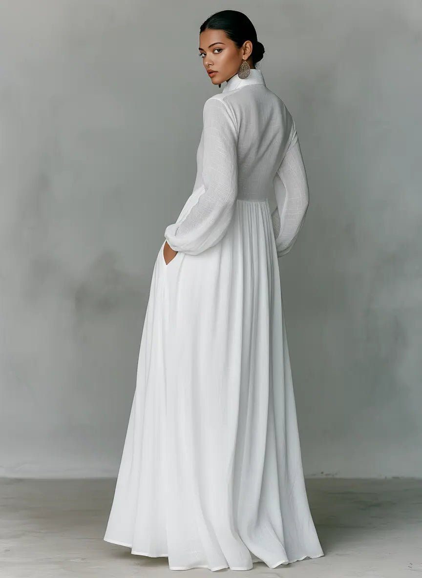 Maxi Shirt Dress with Stand Collar and Linen Blend for Women - View 2
