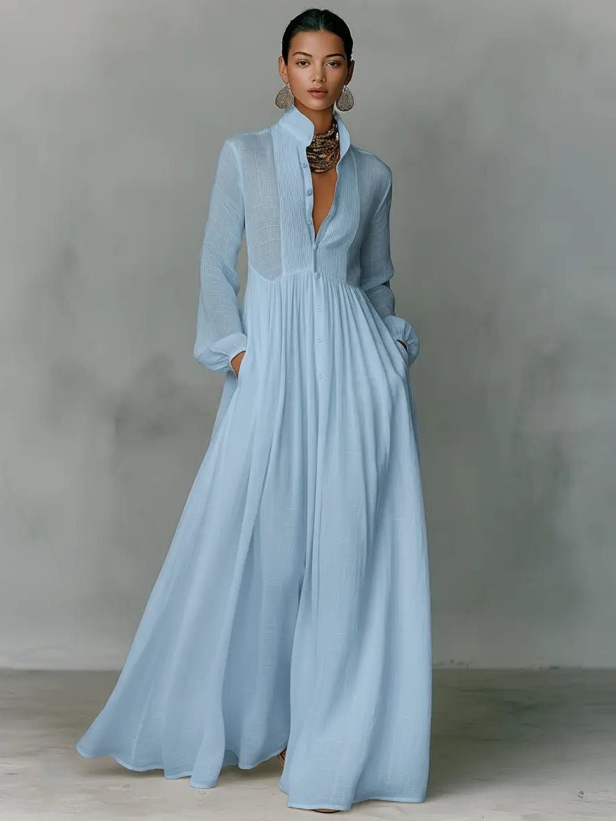 Maxi Shirt Dress with Stand Collar and Linen Blend for Women - Blue