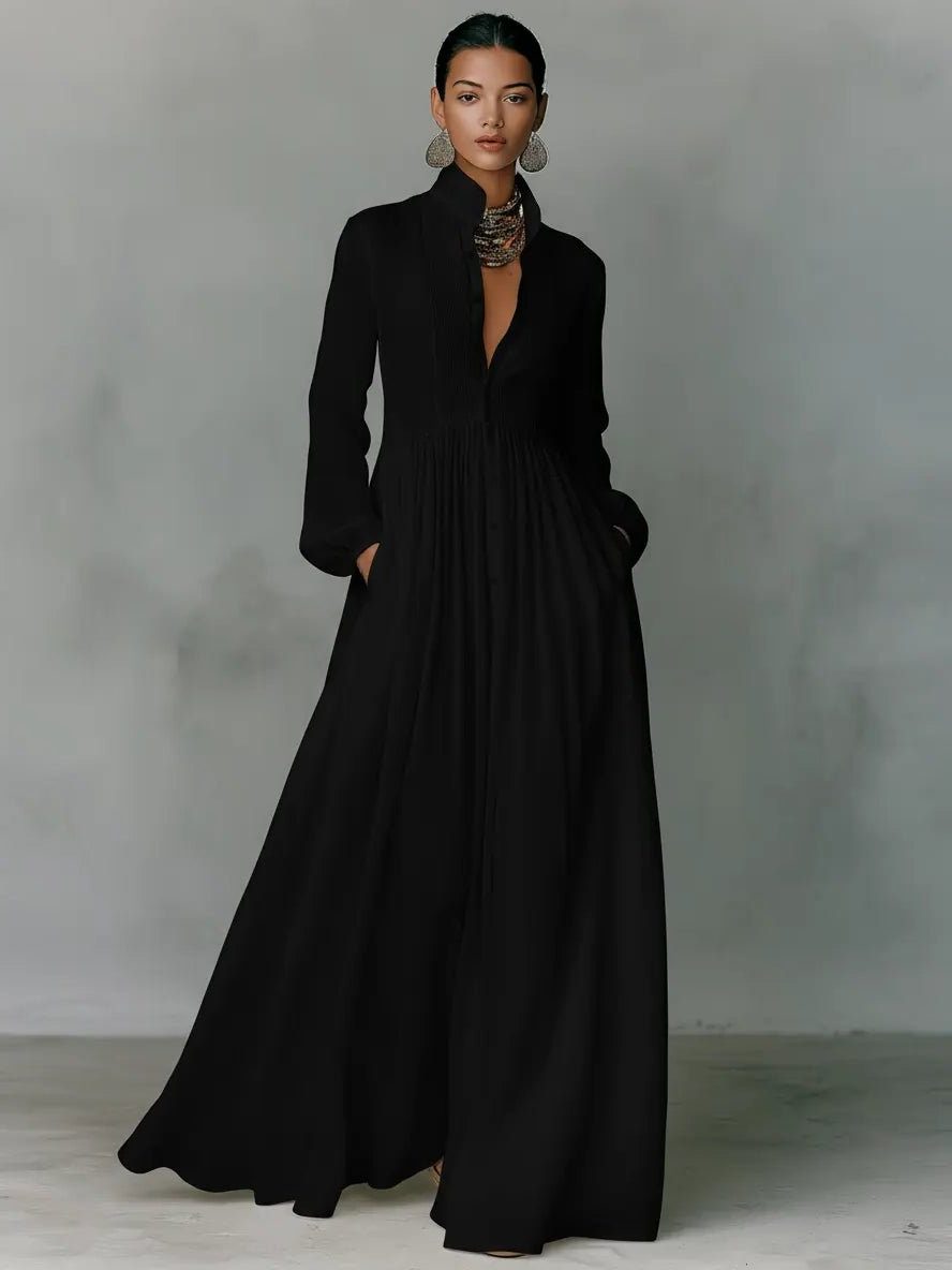 Maxi Shirt Dress with Stand Collar and Linen Blend for Women - Black