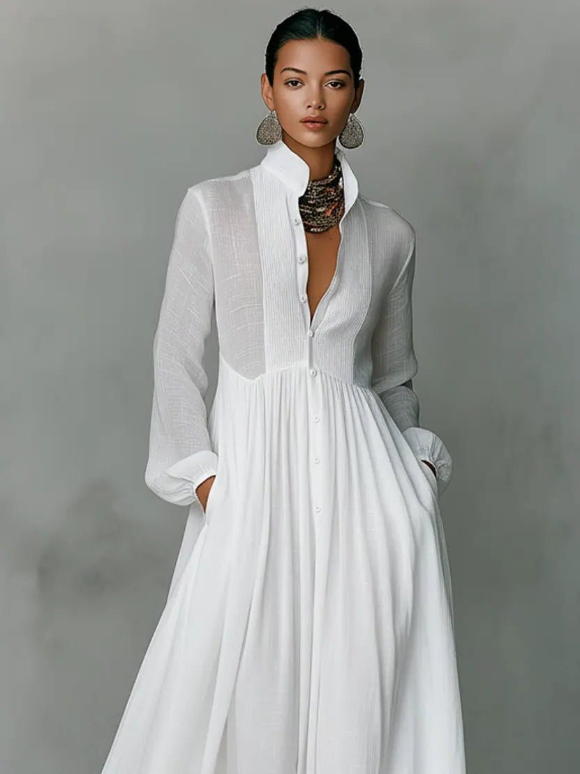 Maxi Shirt Dress with Stand Collar and Linen Blend for Women - View 5
