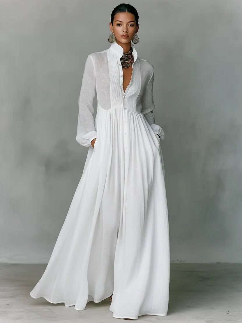 Maxi Shirt Dress with Stand Collar and Linen Blend for Women - View 7