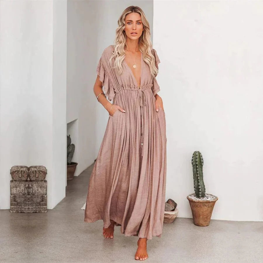 Maxi V-Neck Ibiza Dress with Button-Down Front for Women