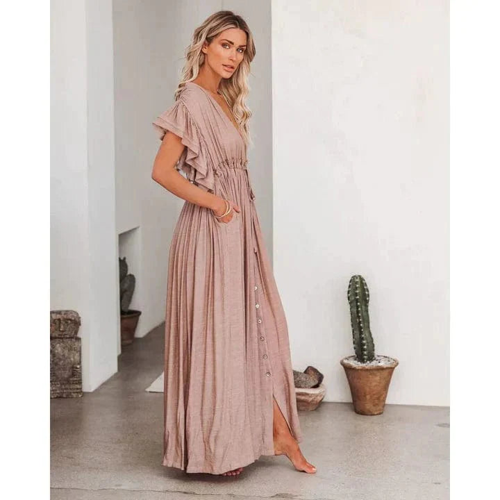 Maxi V-Neck Ibiza Dress with Button-Down Front for Women