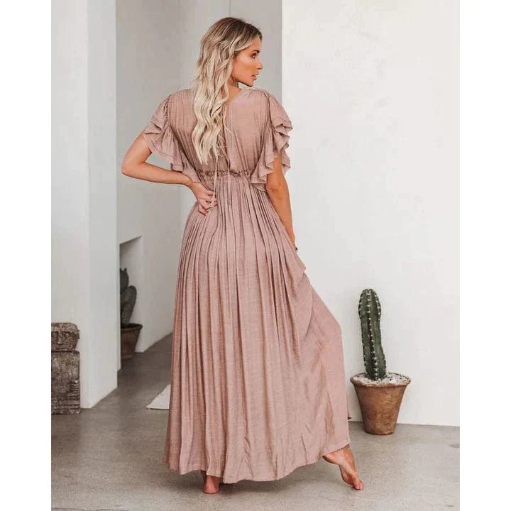 Maxi V-Neck Ibiza Dress with Button-Down Front for Women