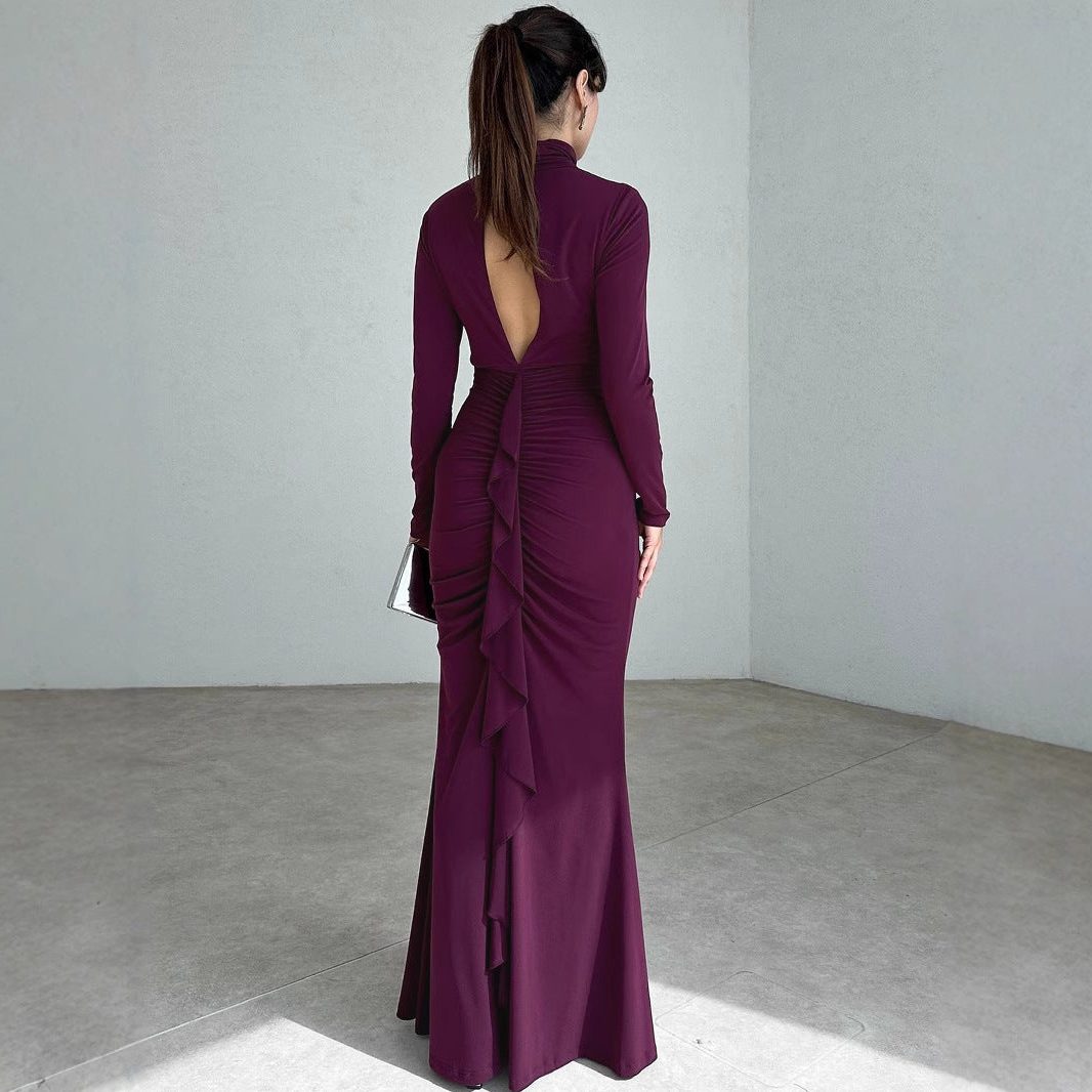 Maxi Wedding Guest Dress with Stand Collar and Ruched Detail for Women