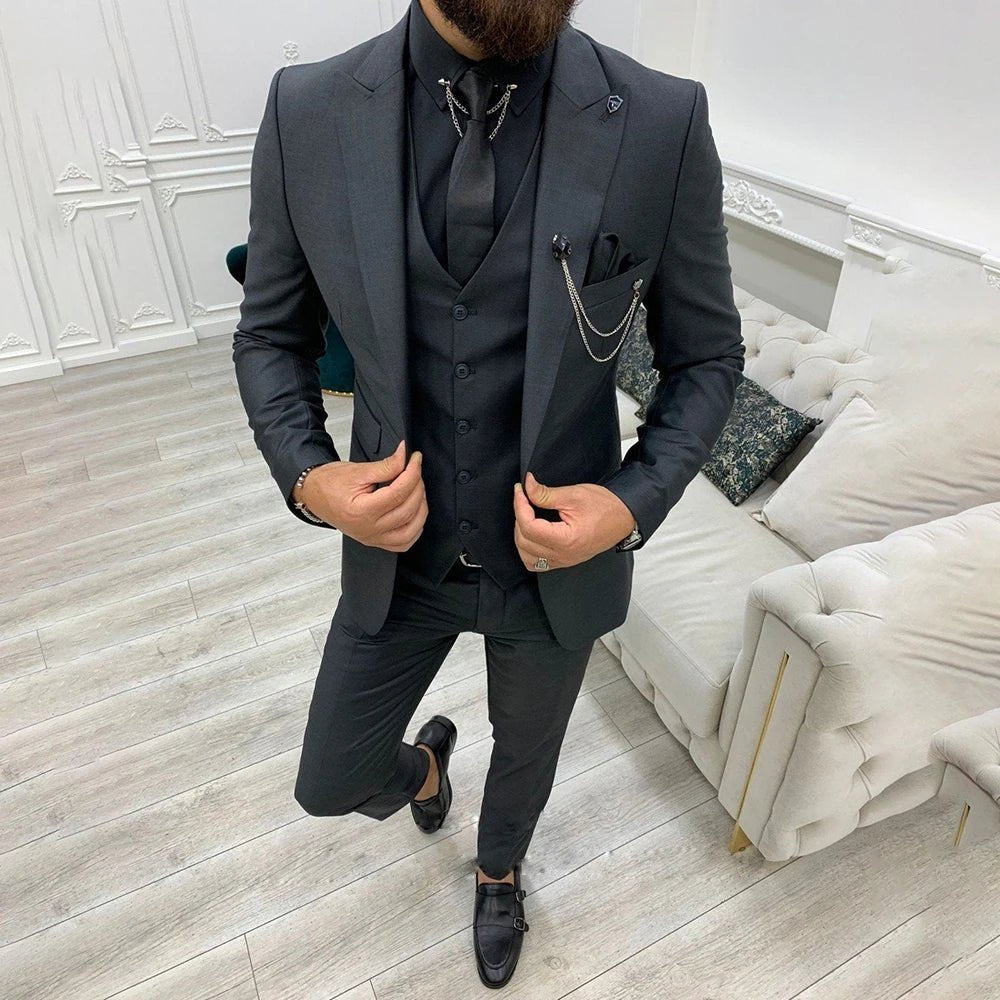 Notch Lapel Single-Breasted Three-Piece Suit for Men