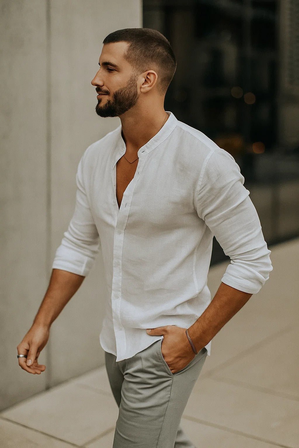 Linen Grandad Collar Long Sleeve Shirt for Men