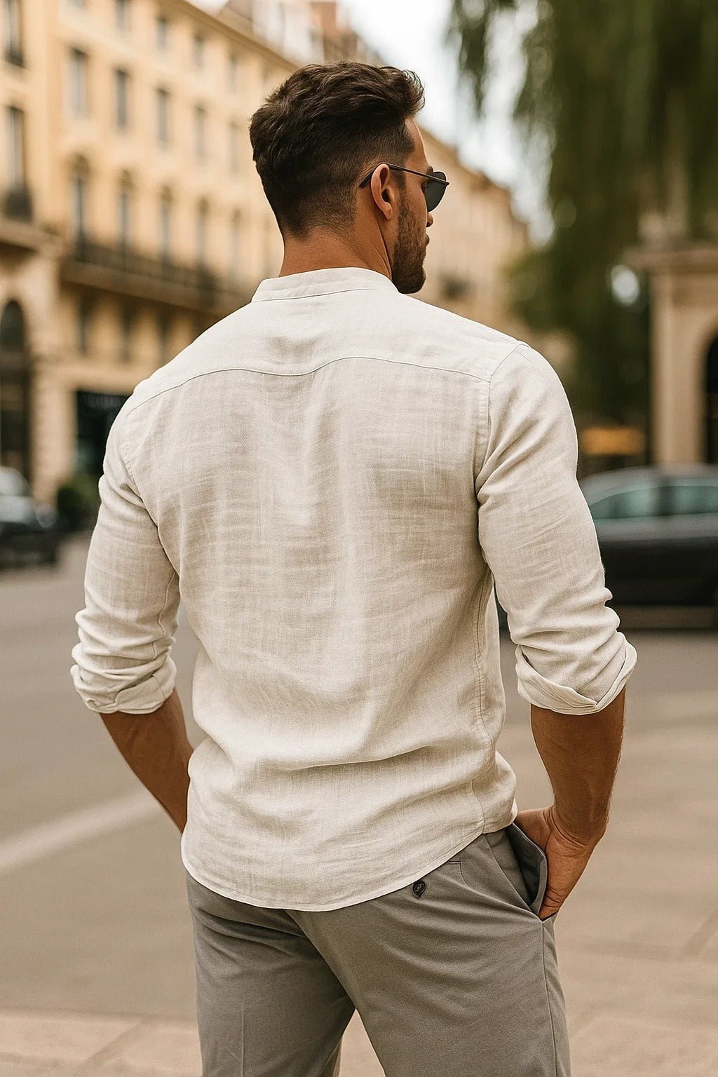 Linen Grandad Collar Long Sleeve Shirt for Men