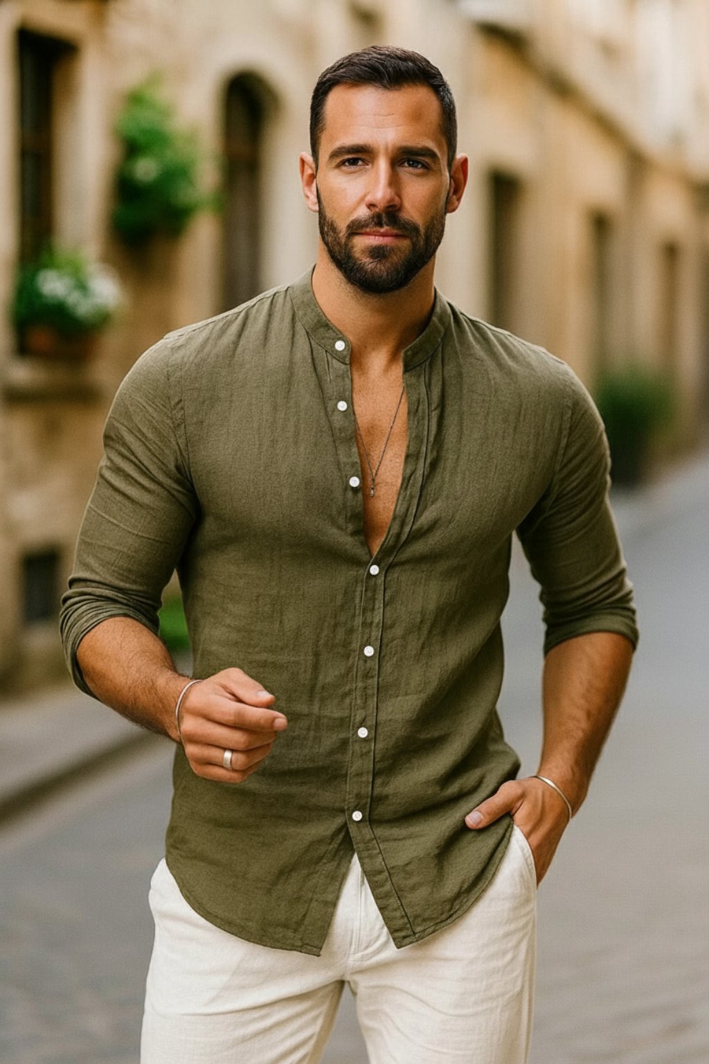 Linen Grandad Collar Long Sleeve Shirt for Men