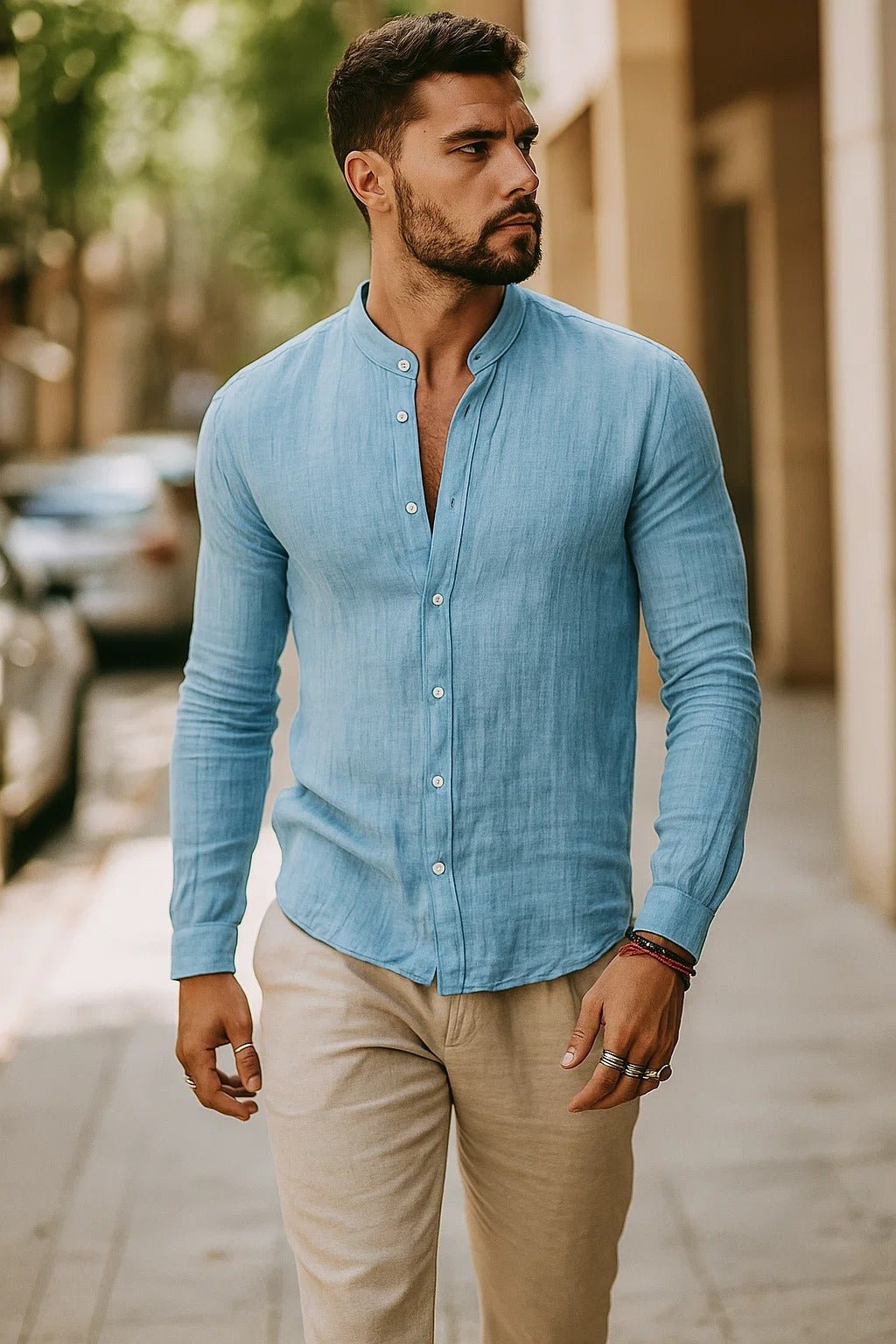 Linen Grandad Collar Long Sleeve Shirt for Men