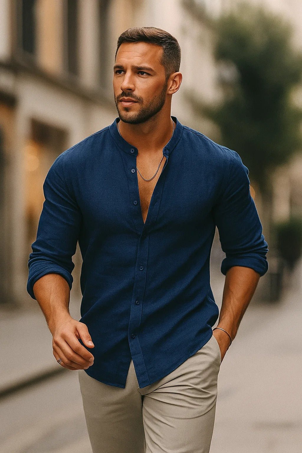 Linen Grandad Collar Long Sleeve Shirt for Men