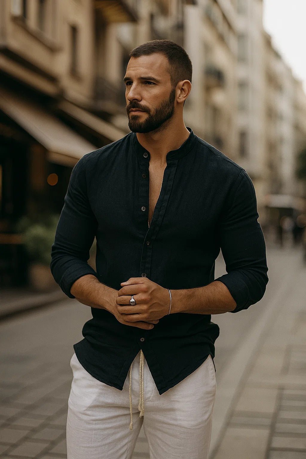 Linen Grandad Collar Long Sleeve Shirt for Men