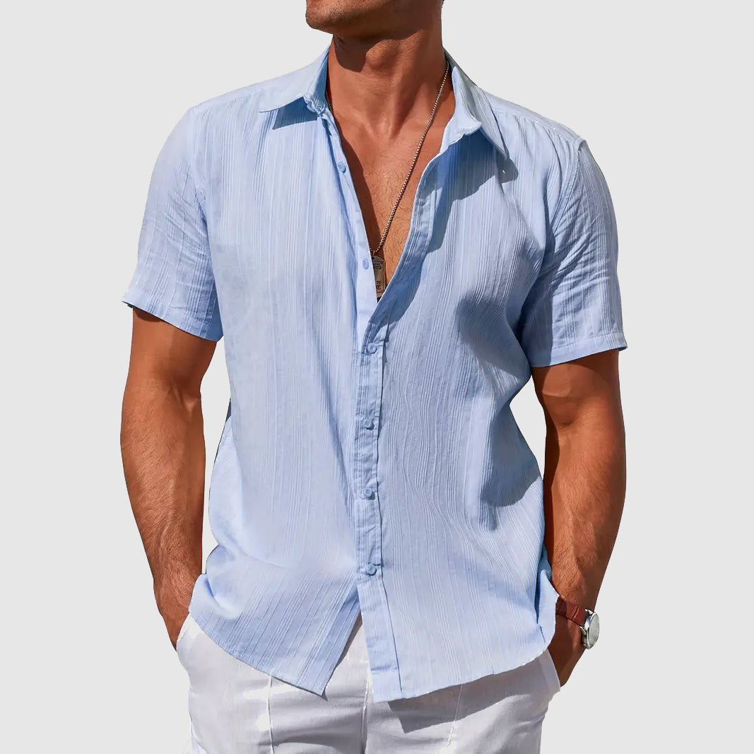 Short-Sleeve Textured Linen Button-Front Shirt for Men