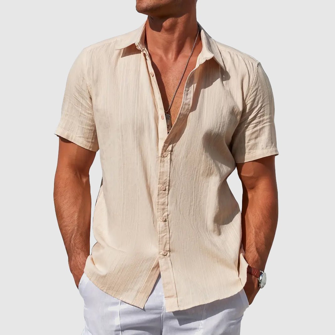 Short-Sleeve Textured Linen Button-Front Shirt for Men
