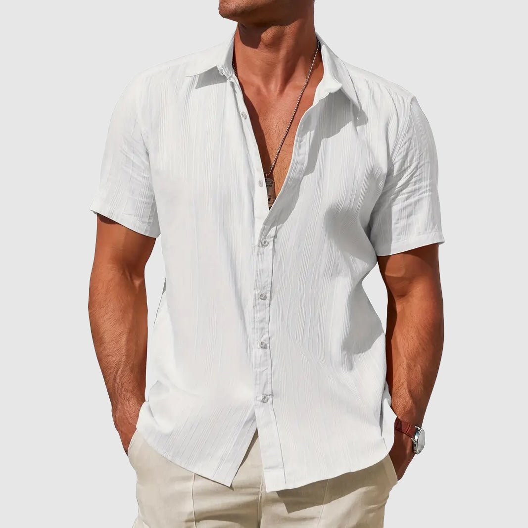 Short-Sleeve Textured Linen Button-Front Shirt for Men