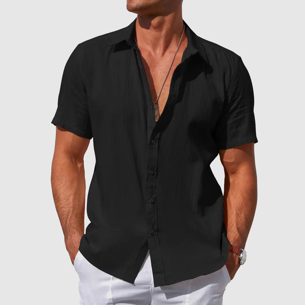Short-Sleeve Textured Linen Button-Front Shirt for Men