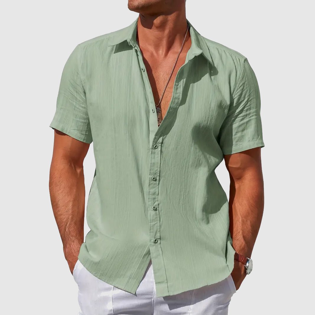 Short-Sleeve Textured Linen Button-Front Shirt for Men
