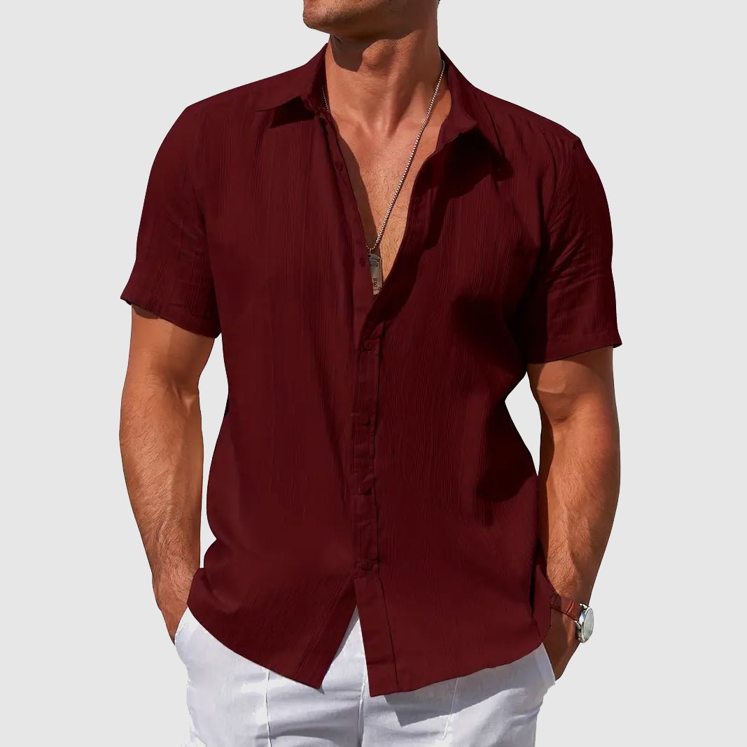 Short-Sleeve Textured Linen Button-Front Shirt for Men