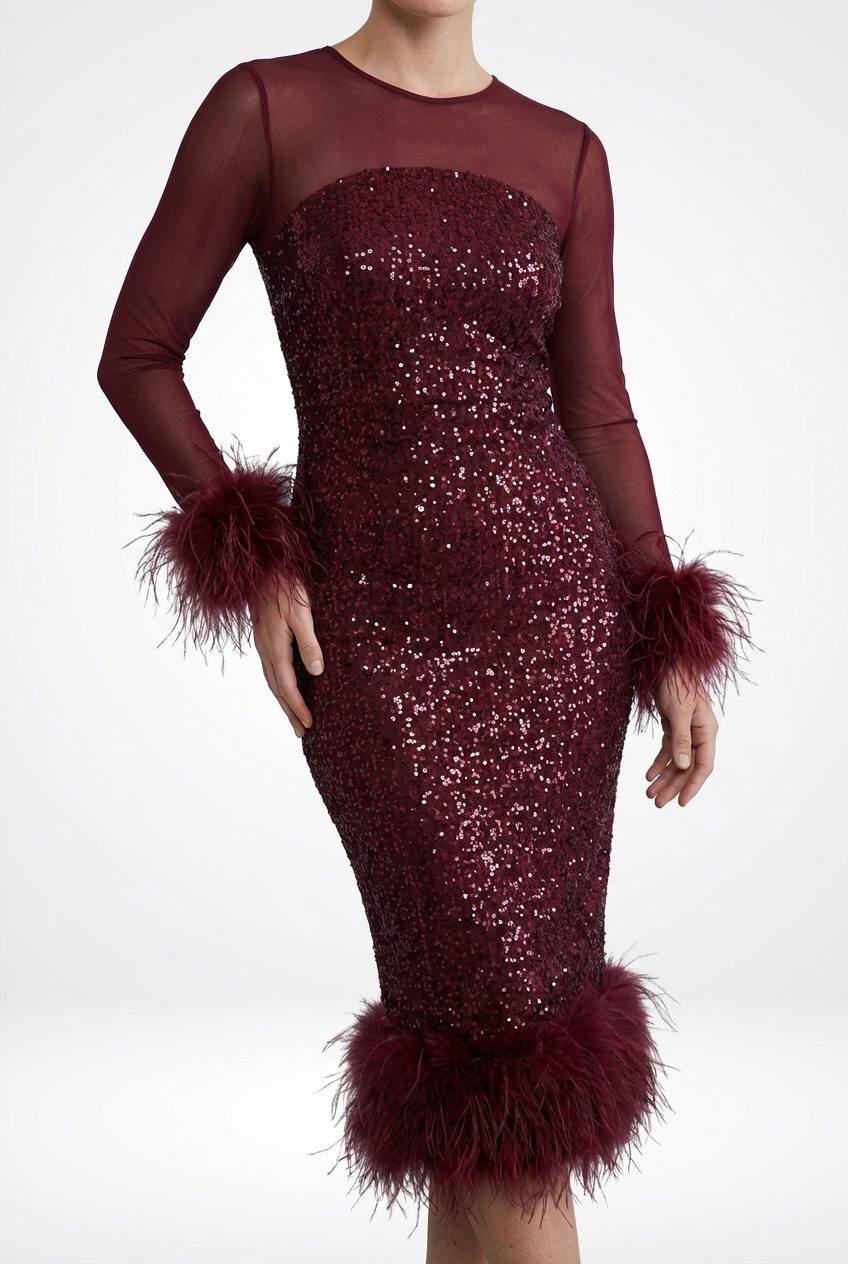 Midi A-Line Sequin Dress with Feather Cuffs for Women