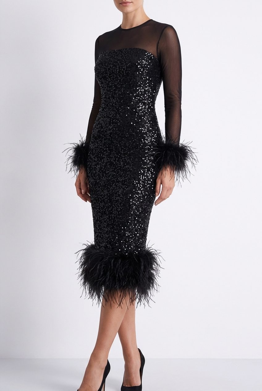 Midi A-Line Sequin Dress with Feather Cuffs for Women - Black