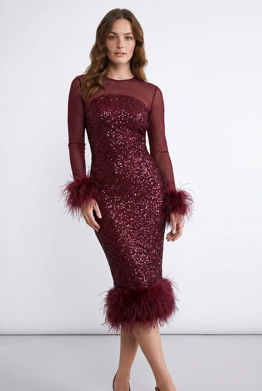 Midi A-Line Sequin Dress with Feather Cuffs for Women - View 2