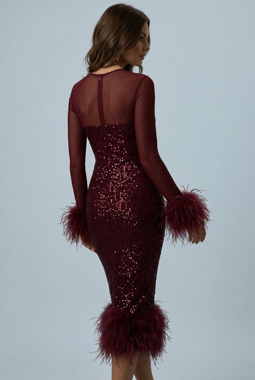 Midi A-Line Sequin Dress with Feather Cuffs for Women - View 3