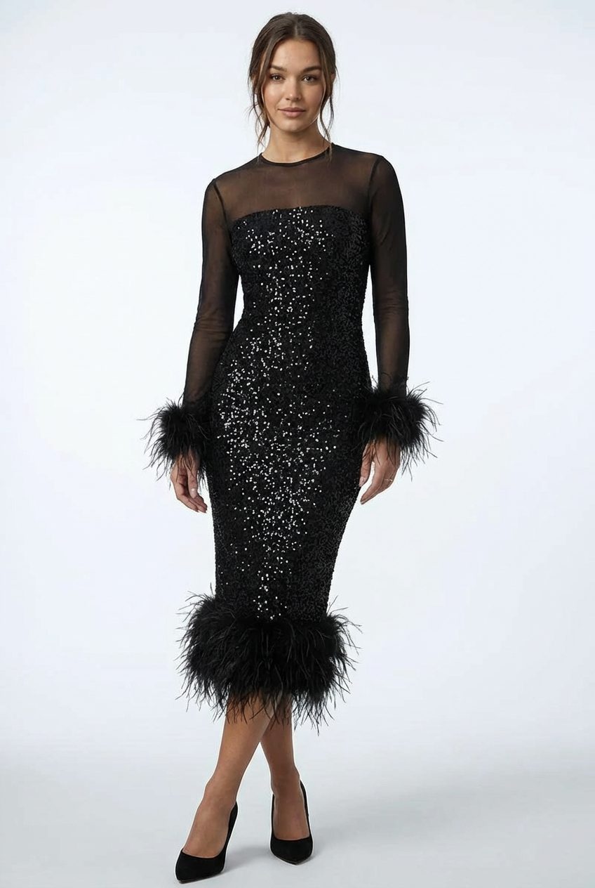 Midi A-Line Sequin Dress with Feather Cuffs for Women - View 5