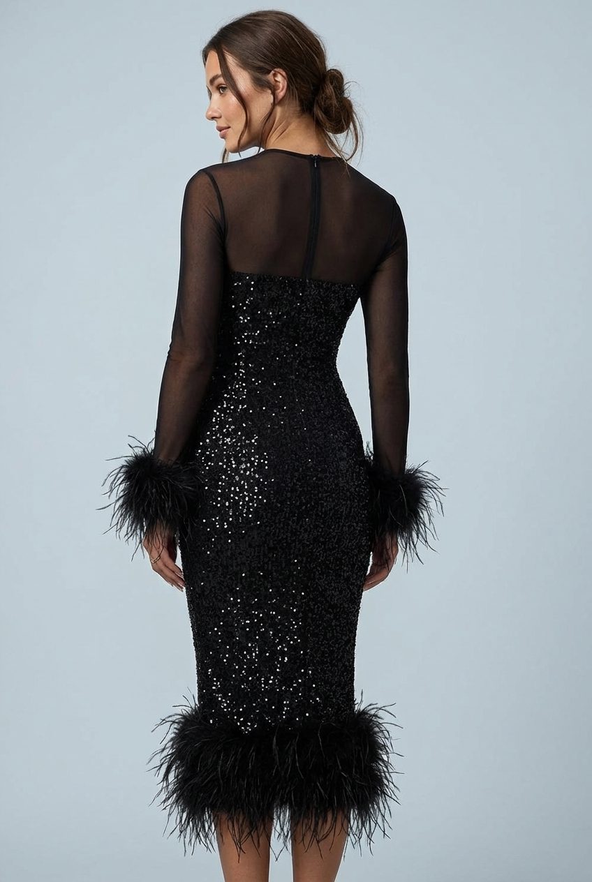 Midi A-Line Sequin Dress with Feather Cuffs for Women - View 6