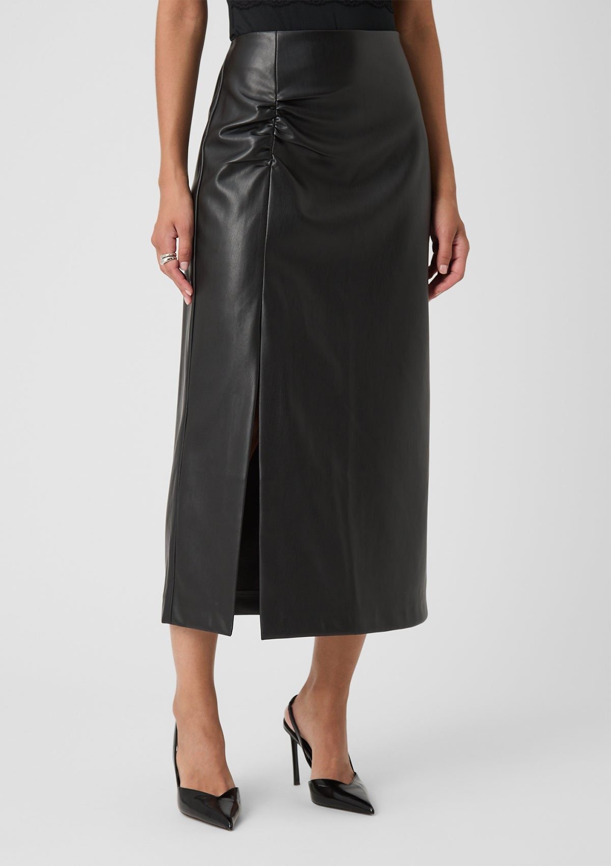 Midi Leather Skirt with Front Slit for Women
