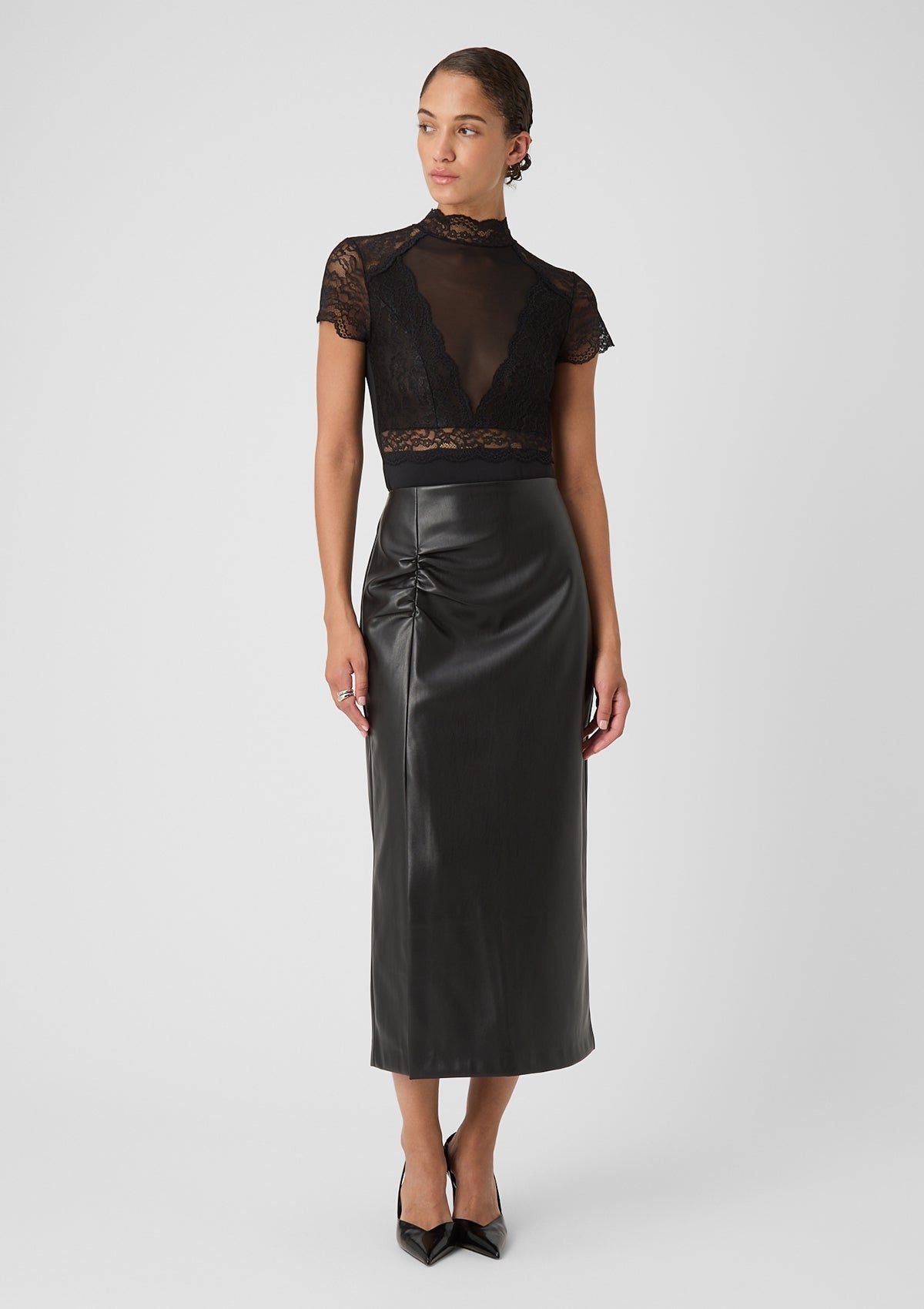 Midi Leather Skirt with Front Slit for Women - View 3