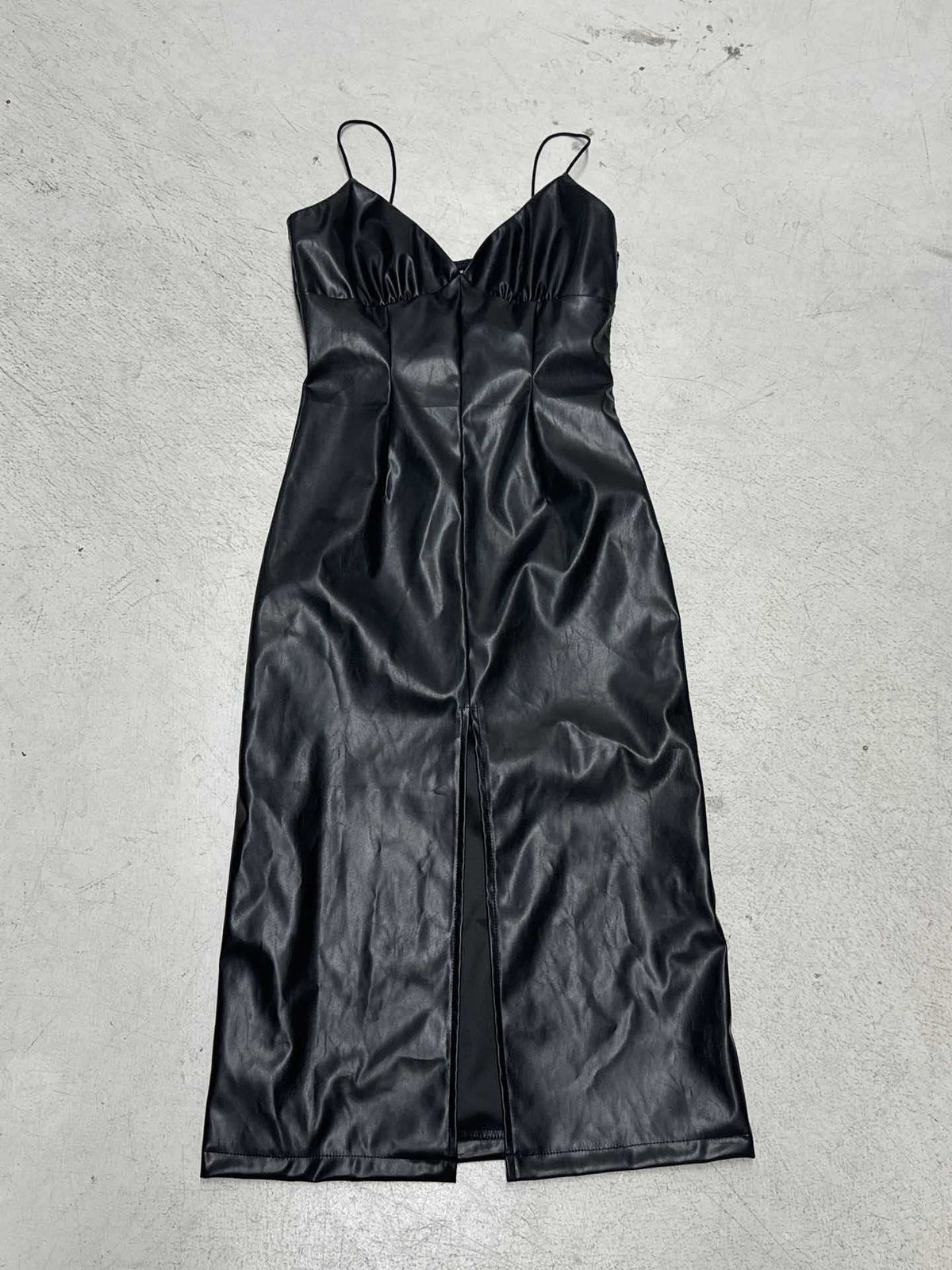 Faux Leather Midi Slip Dress with Slit for Women - Black (2)