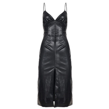 Faux Leather Midi Slip Dress with Slit for Women - Black