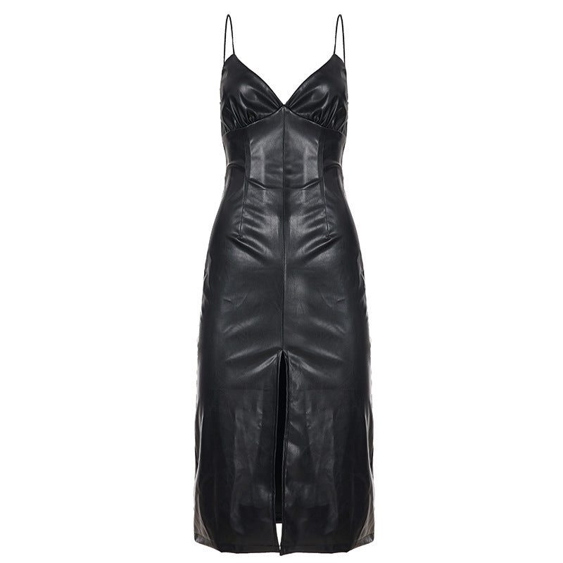 Faux Leather Midi Slip Dress with Slit for Women - Black
