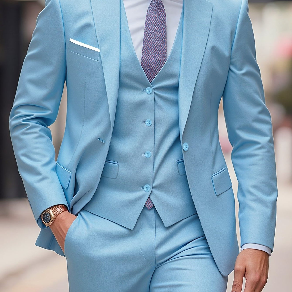 Notch Lapel Single-Breasted Three-Piece Suit for Men - Blue