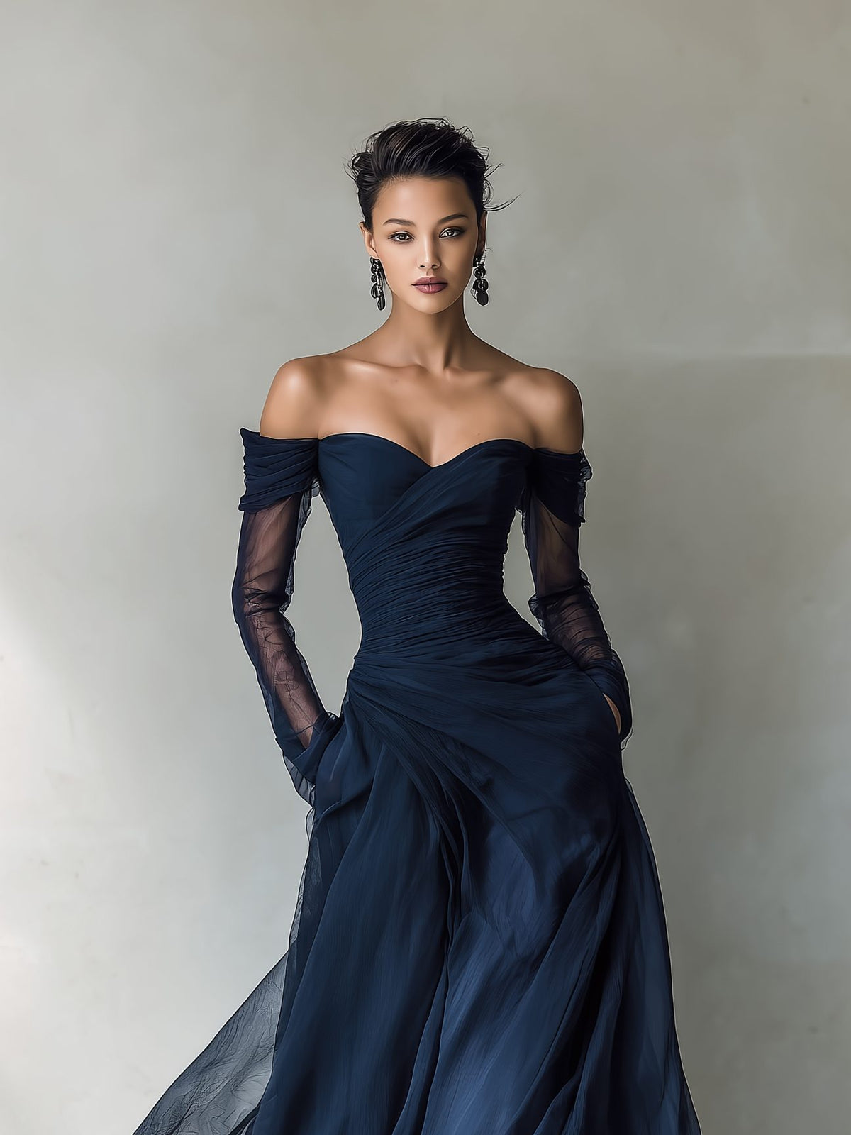 Off-Shoulder Maxi Dress with Long Sleeves for Women - View 2